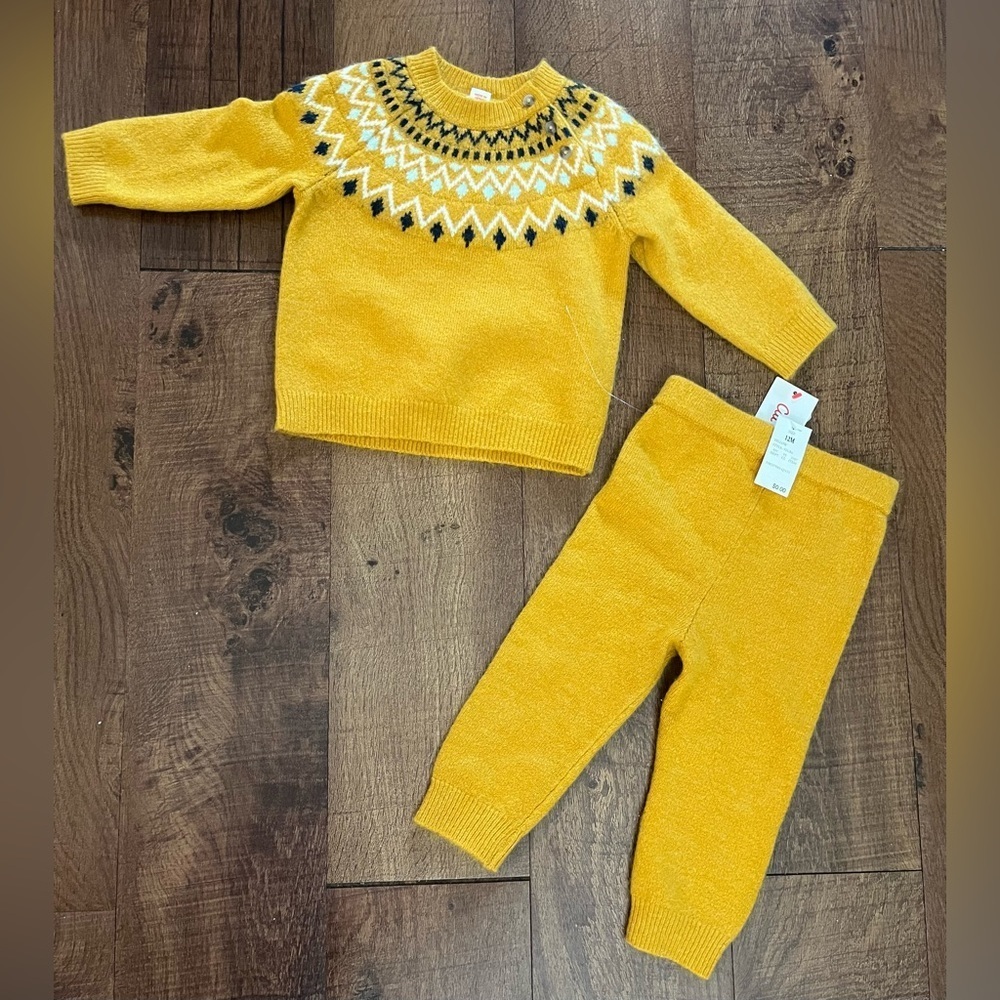 NWT fair isle baby girl  2 two piece outfit 12 months yellow sweater pants